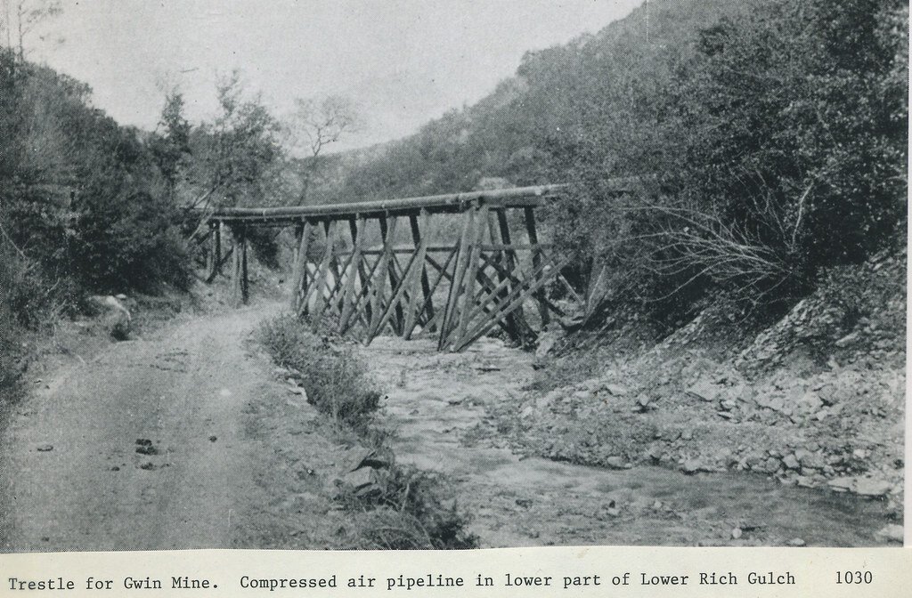 Gwin Mine: trestle in Lower Rich Gulch carrying water and compressed-air pipes